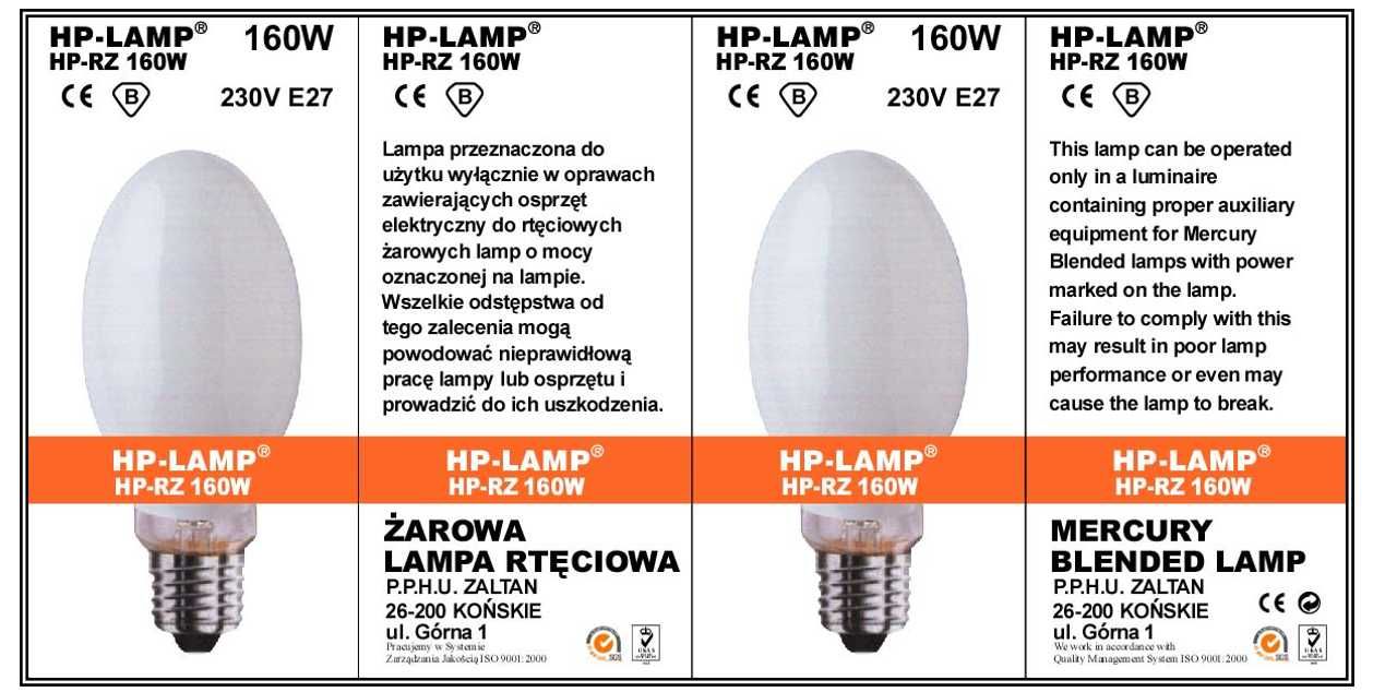 Wysokoprężna lampa RTĘCIOWO-ŻAROWA HP-RZ 500W firmy HP-LAMP