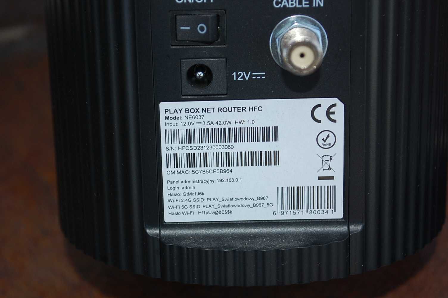 Router PLAY BOX NET HFC NE6037 Zasilacz Pudełko
