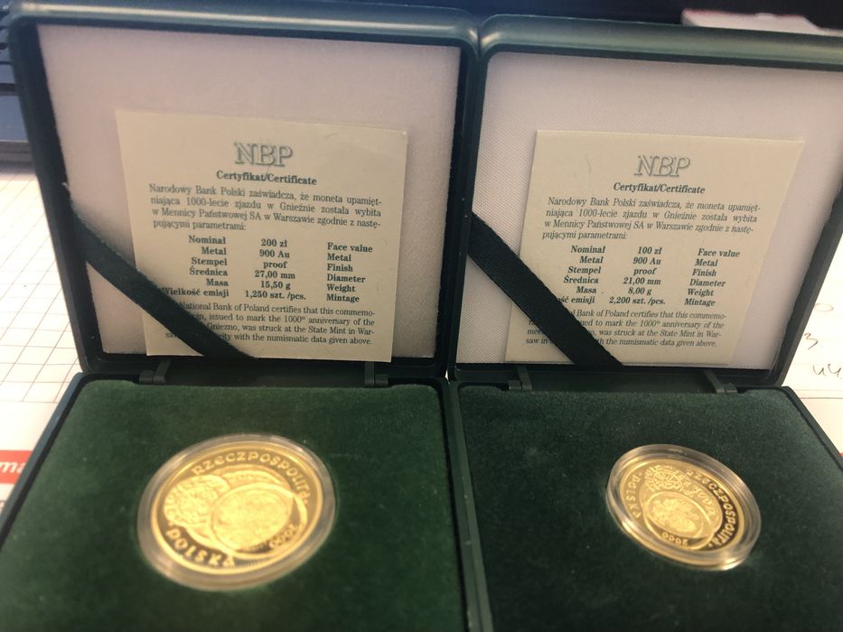 Monety złote 100 200 zl gniezno