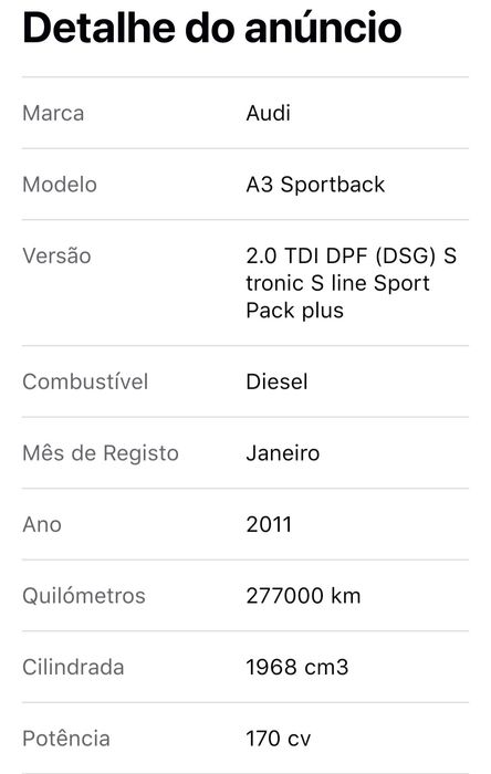 Audi A3 - 2.0 TDI - 170cv -Caixa STronic-SLine Sport Pack plus