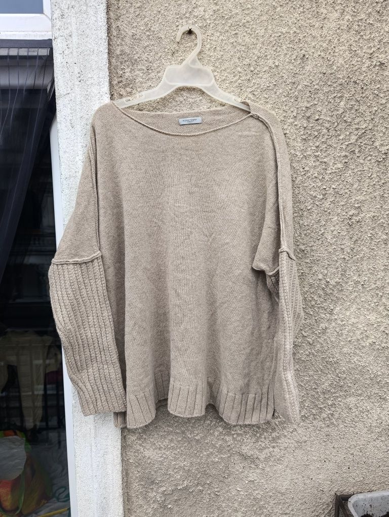 Sweter wełniany, wełna i kaszmir L 40 beżowy oversize