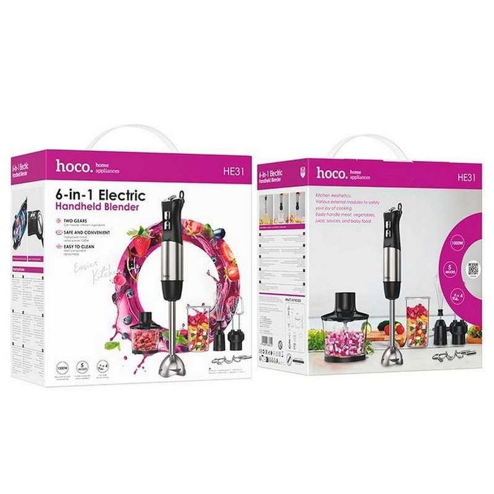 Ручной блендер 1000 Вт миксер измельчитель чаша 600 мл HOCO HE31 6 в 1