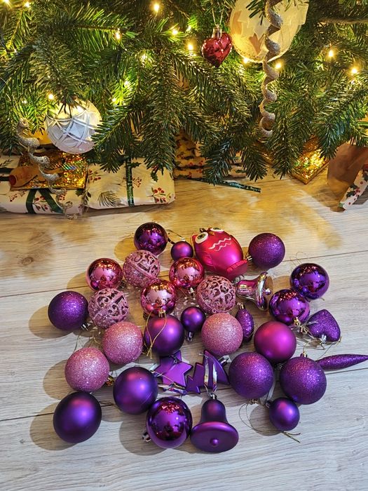 Zestaw bombek choinkowych fioletowe różowe sowa brokatowe