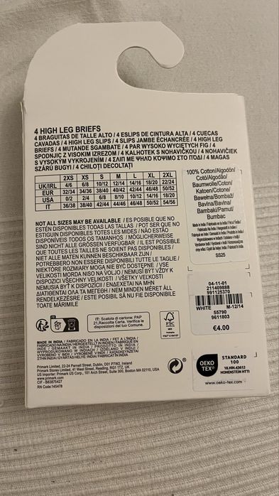 Pack 4 cuecas Primark “High Leg Briefs” tamanho M – NOVO