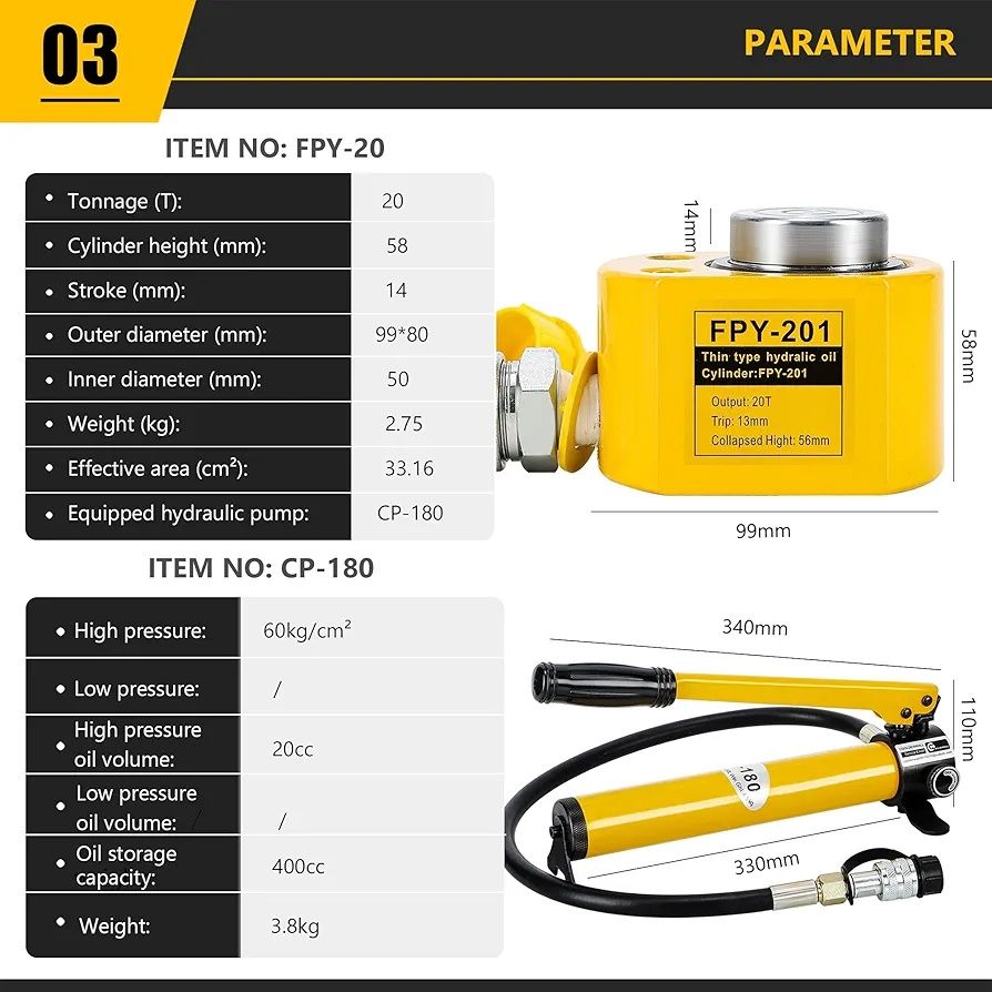 Podnośnik hydrauliczny CGOLDENWALL 20T z pompą hydrauliczną CP-180
