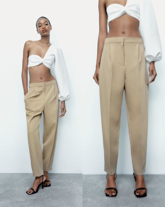 Брюки mom ZARA мом бежеві штани пісочні на талію бежевые базовые осень