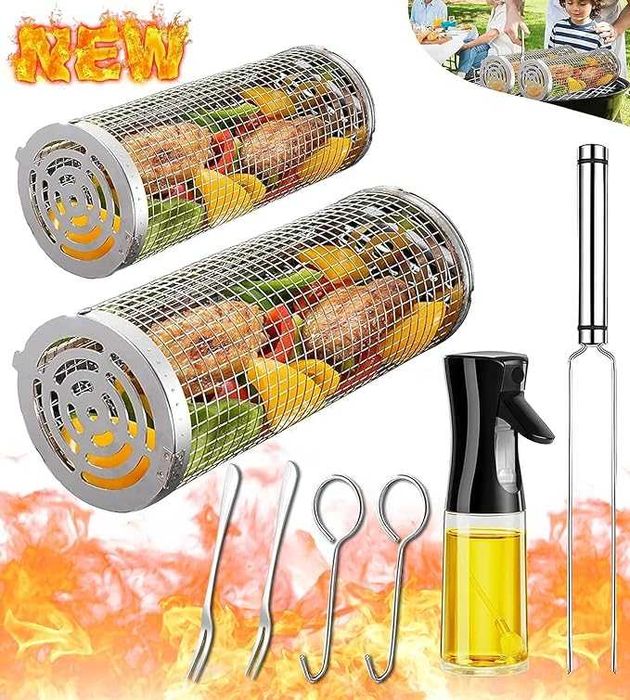 Zestaw kosze do grillowania, stalowe + akcesoria, nieużywany