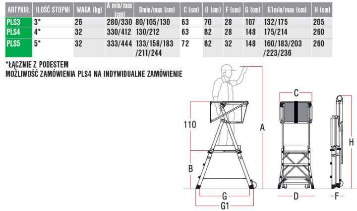 Podest roboczy FARAONE drabina magazynowa teleskopowa PLS5 na schody