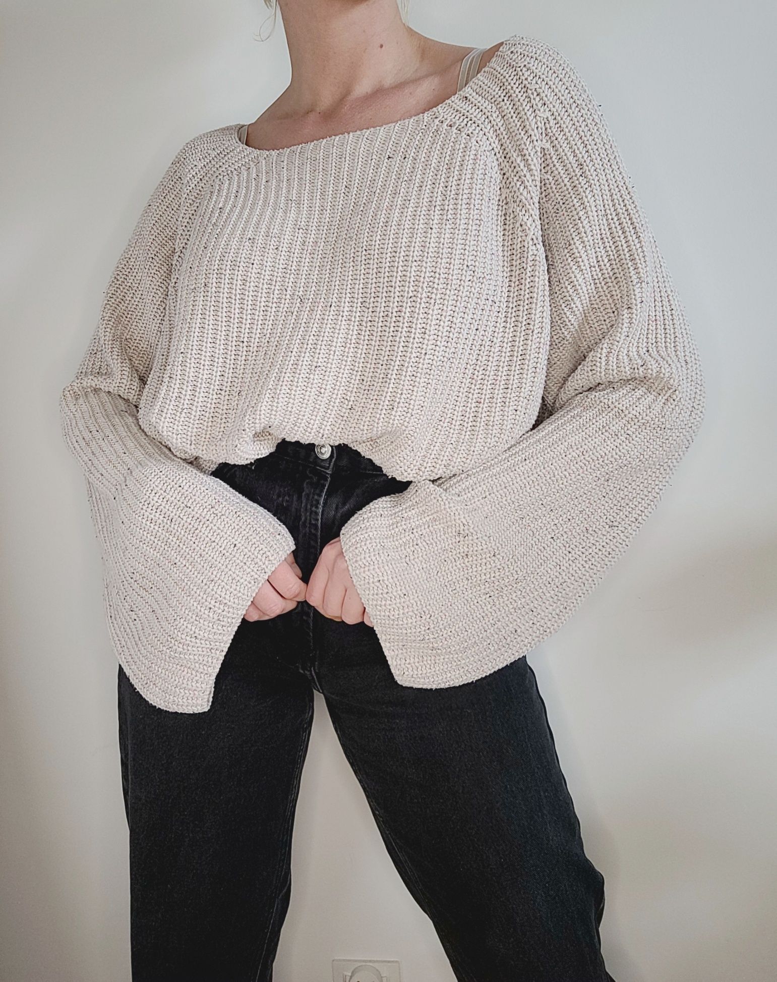 Beżowy sweter oversize szerokie rękawy boho bawełna H&M