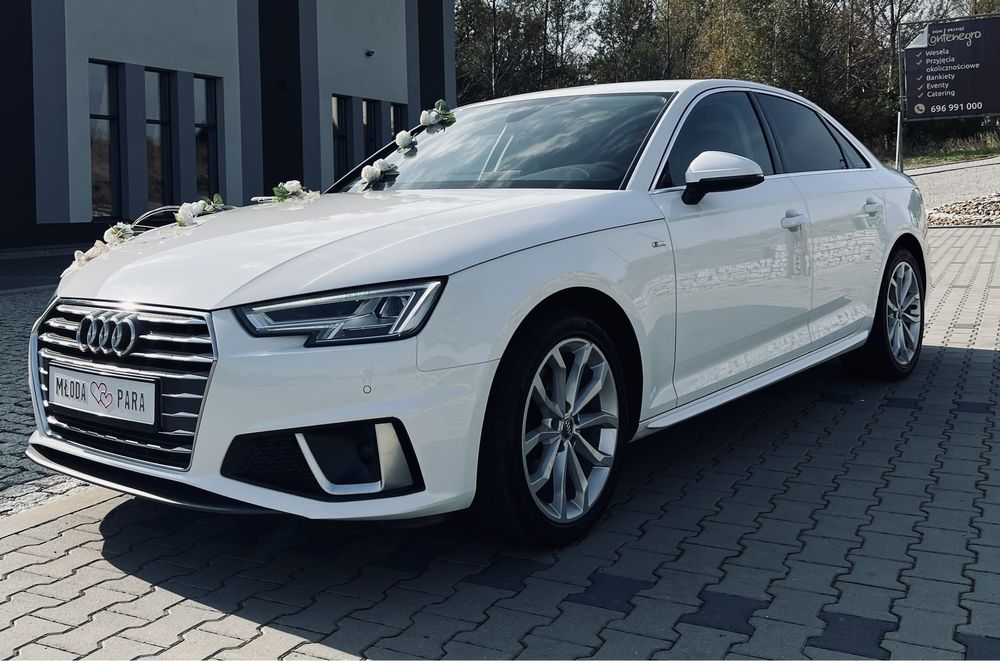 Samochód do ślubu eleganckie białe Audi Sedan A4 S-Line udekorowane