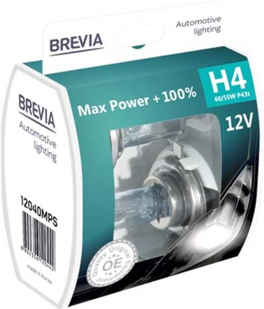 Лампа 12V  H4  60/55W   (вусики) Р43 +100% BREVIA 2шт авто  (БОКС)