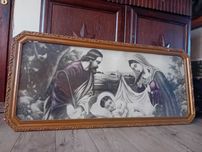 Wielki obraz oleodruk oszklony Święta rodzina  drewnianej złotej ramie