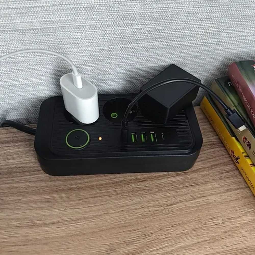 Удлинитель Сетевой фильтр 2500Вт, 2м, (3×220В + 4×USB + 1×Type-C)