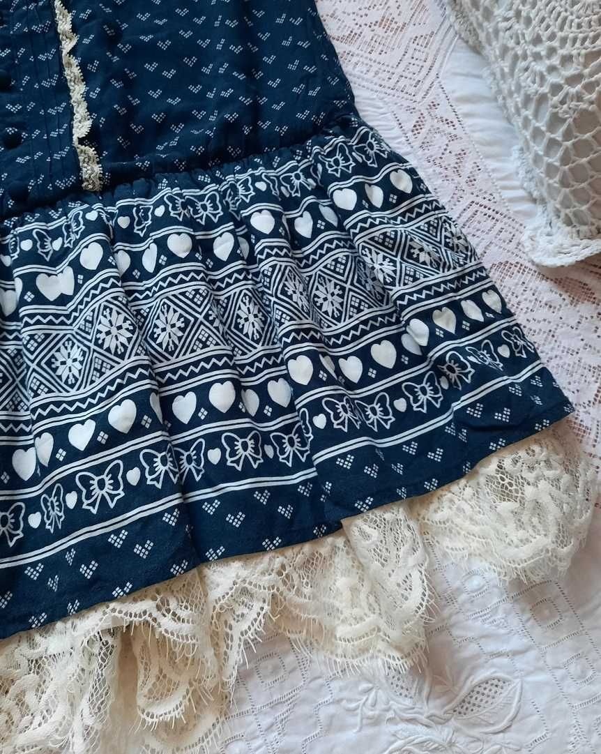 Boho ideał 100% Wiskoza Cudna sukienka koronki print granat biała S XS