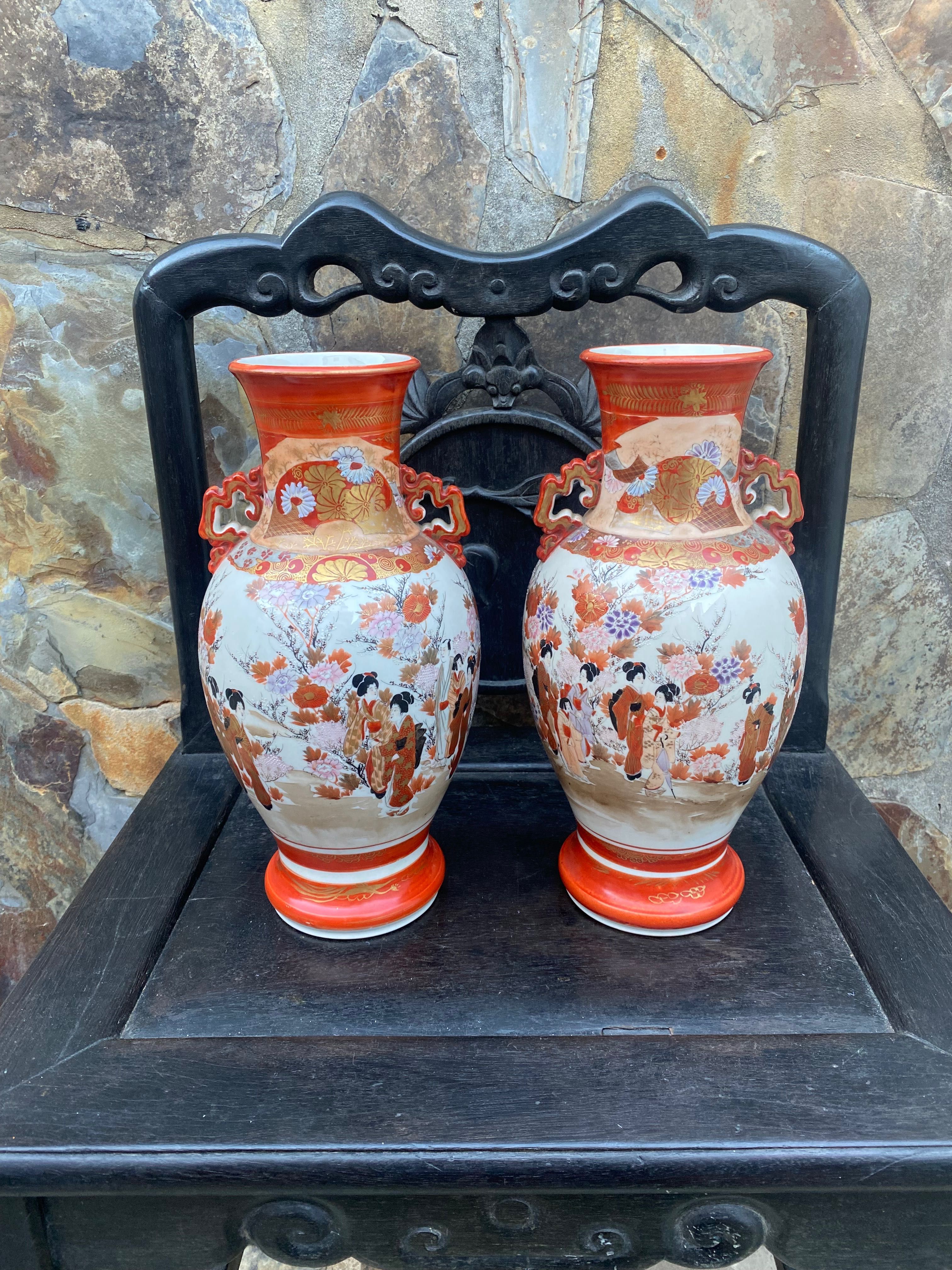 Jarras Cerâmica Japonesa Kutani Imari Séc XIX Assinadas 30,7 cm