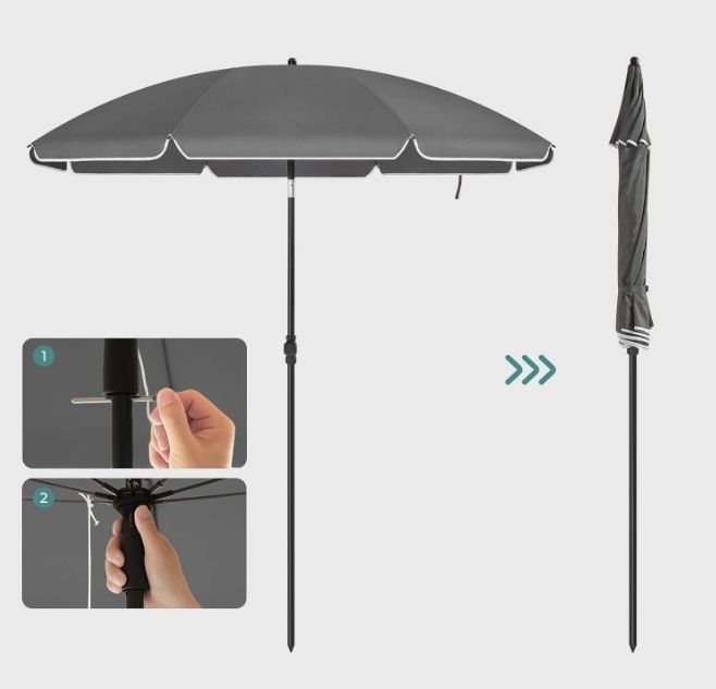 Songmics Parasol Na Plażę, Ø 160 Cm, Parasol Ogrodowy Gpu060G01 Szary