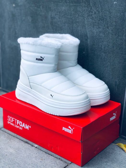 Снежно - белые кожаные дутики Пума на молнии / дутиши Пума / Сапоги