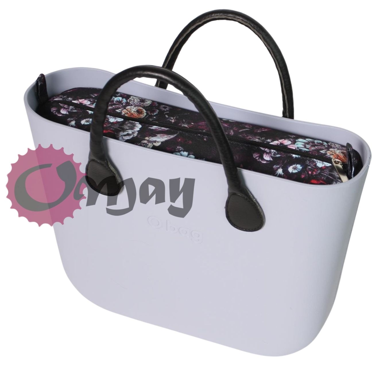 Czarny organizer OBAG STANDARD ogród kwiaty fiolet 2 kieszenie OMAY