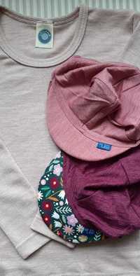 Czapka merino na lato Glückskind różowa r.XL + t-shirt Rose r.110/116