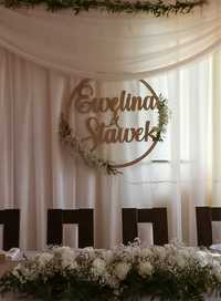 Drewniany napis imiona Ewelina i Sławek dekoracja wesele