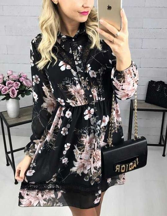 Sukienka Koszulowa Szyfonowa Kwiaty Floral Koronka Elegancka Boho S-L