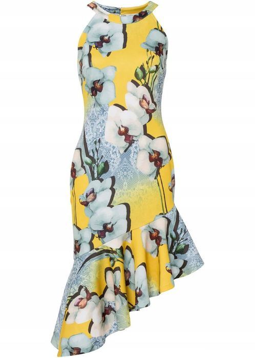 BONPRIX Asymetryczna Sukienka w Kwiaty Falbana Kolorowa 48-50