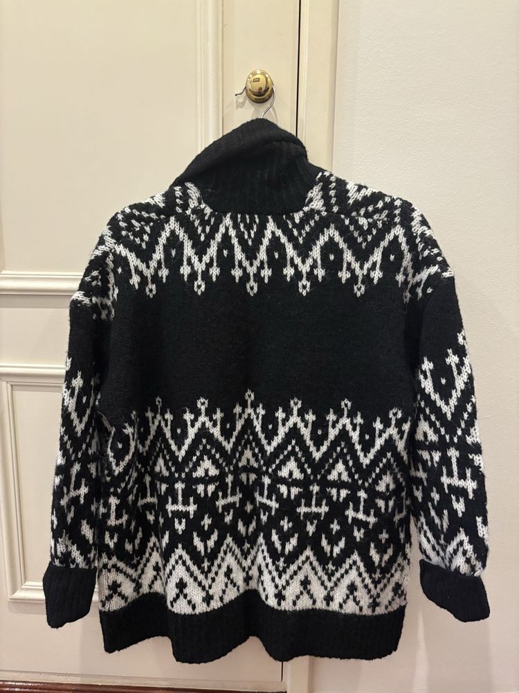 Casaco de malha quente, preto e branco, Tam M/L
