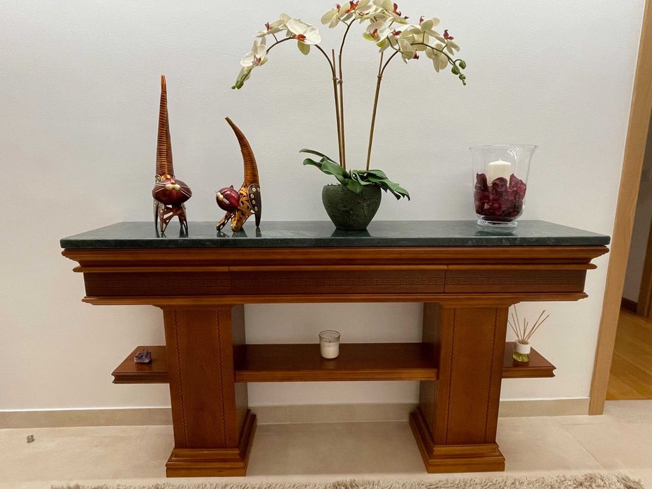 Consola em Cerejeira com pedra em Granito verde e espelho parede