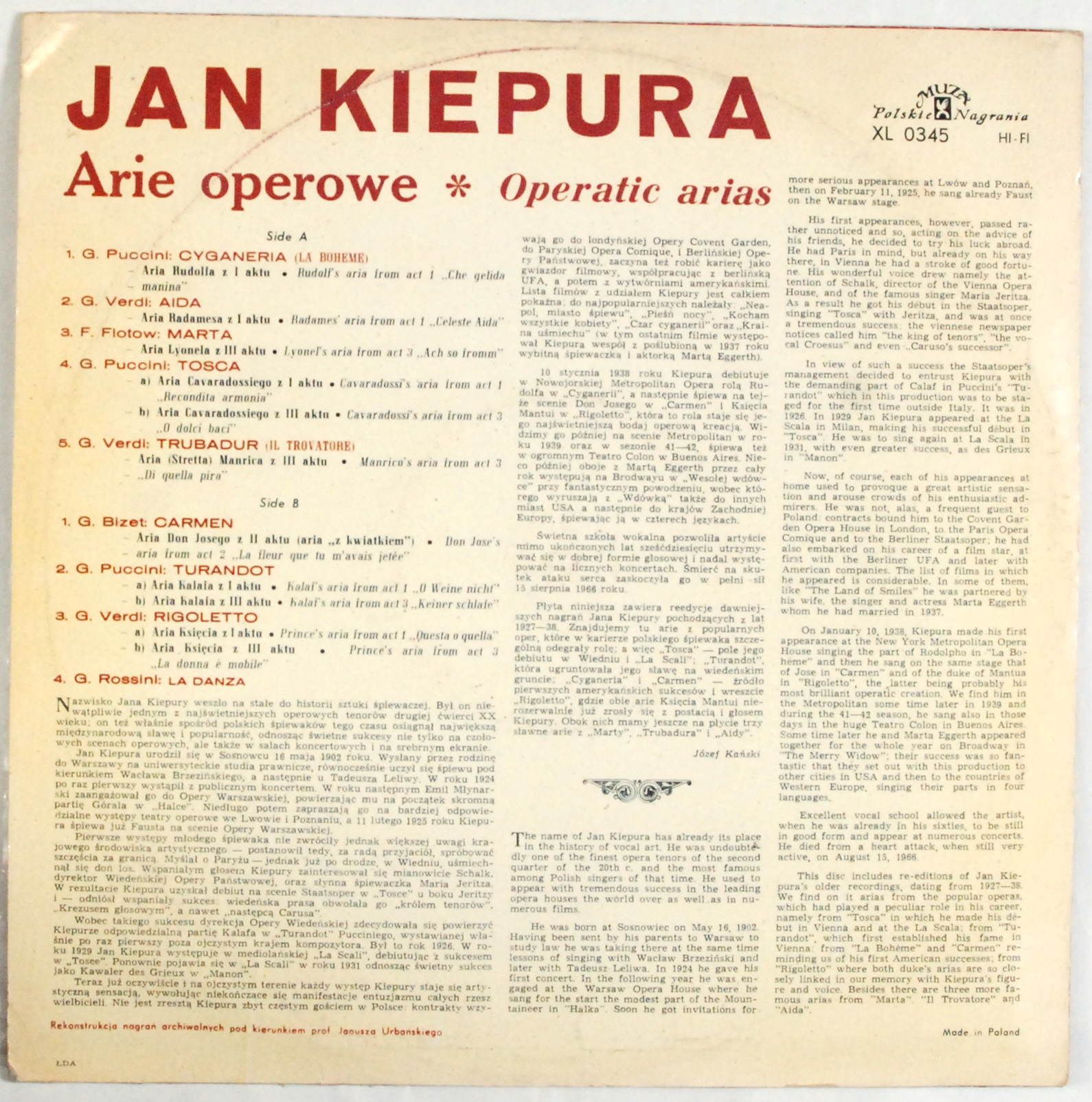 Jan Kiepura - Arie operowe (XL 0345) MONO