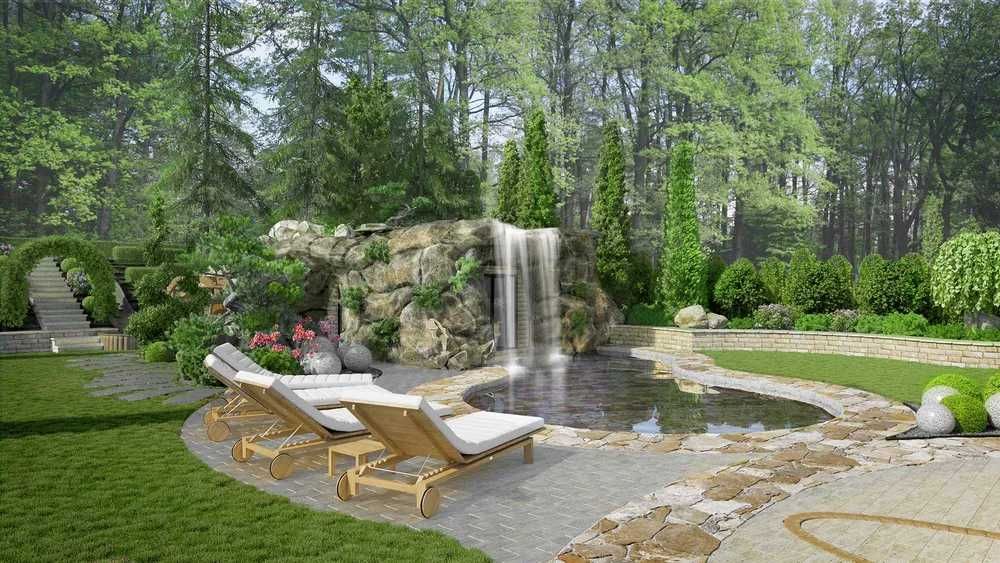 Grota skalna z wodospadem 65m2, suną, basenem ogrodowe spa, jacuzzy