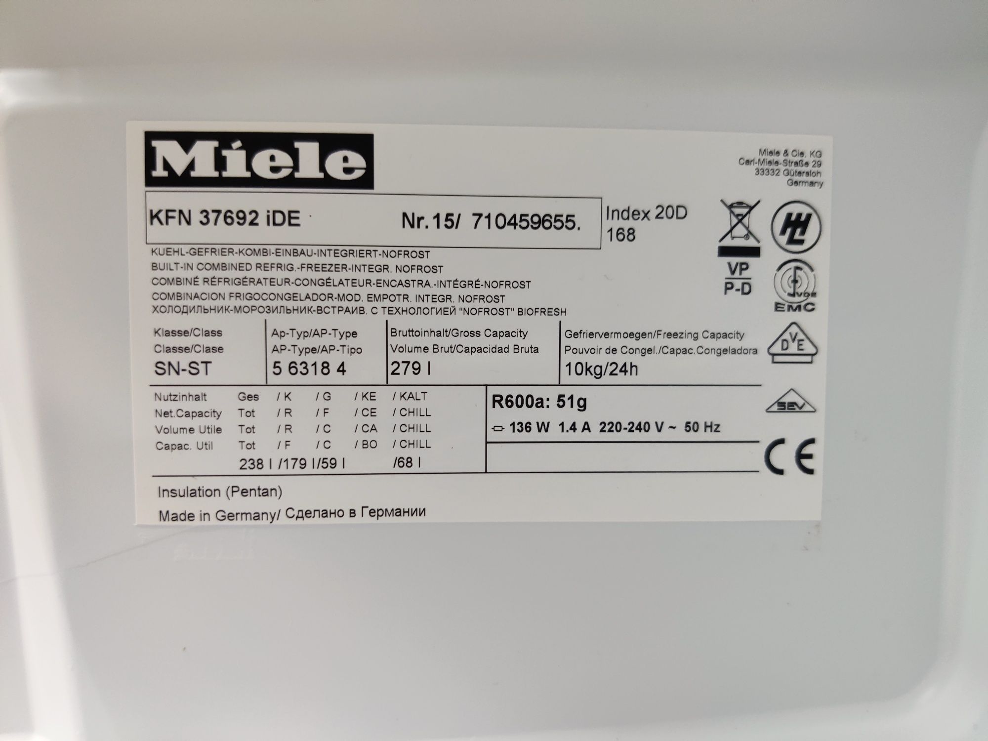 MIELE™ KFN37692iDE. Встраиваемый холодильник. Ледогенератор! NoFrost.