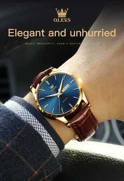 Zegarek kwarcowy złoty klasyczny 39mm datownik niebieska tarcza luma