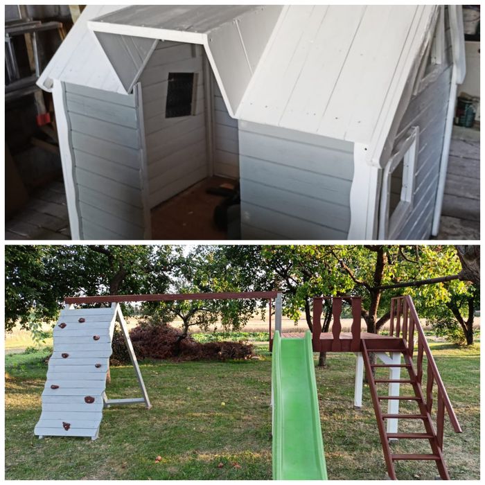 Drewniany plac zabaw z domkiem