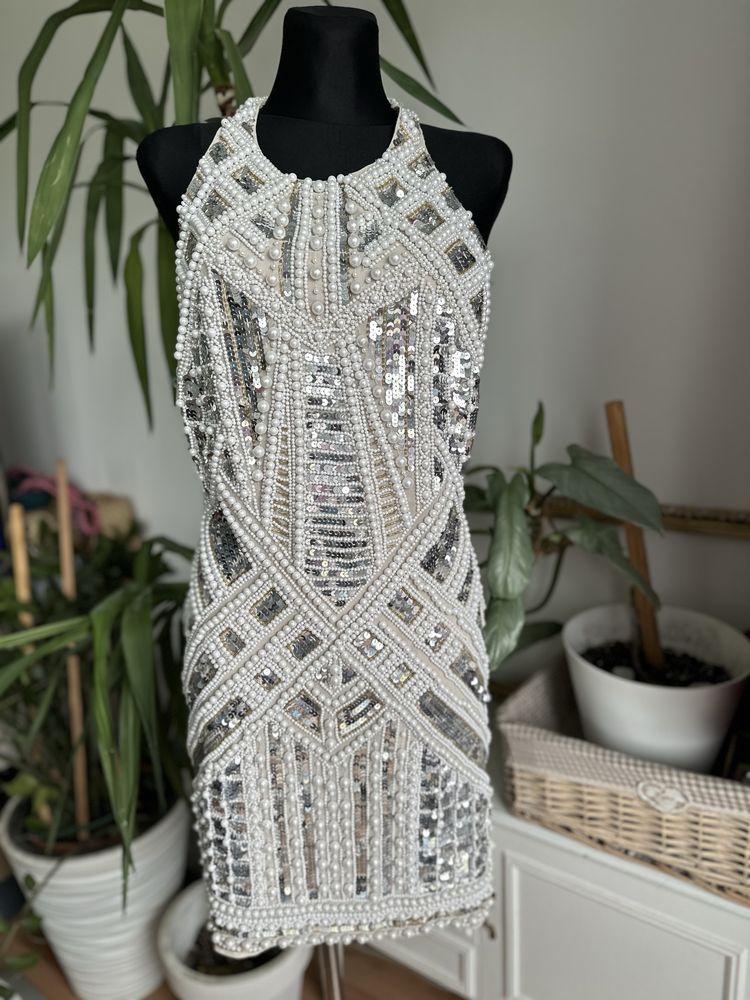 Asos luxe cekinowa sukienka mini 46 3 xl zdobiona perły halter