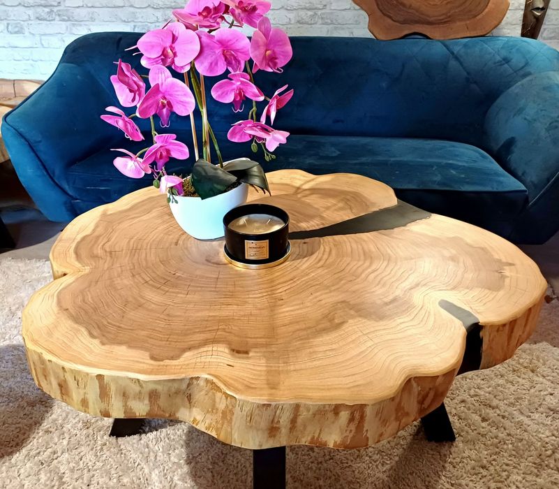Stolik kawowy 97x81cm PIĘKNY OKAZ LIVE EDGE plaster drewna