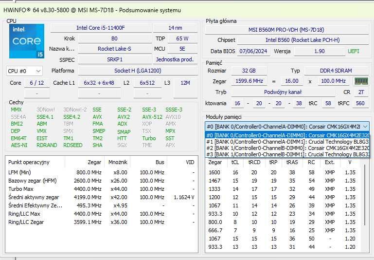 Komputer i5-11400f, MSI B560M PRO-VHD, 32GB RAM, M2 512GB, SSD 256