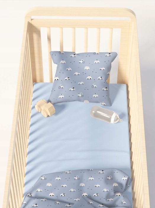 Nowa dziecięca pościel do łóżeczka Niebieskie samochodziki