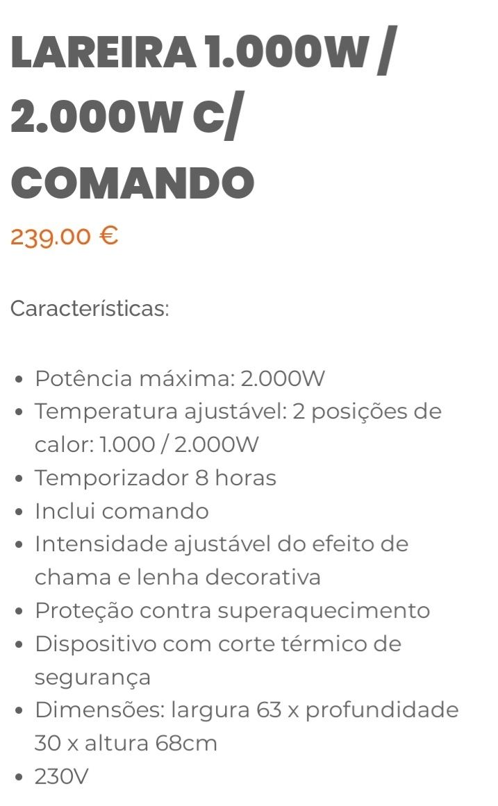 Lareira eléctrica 1000w/2000w c/comando