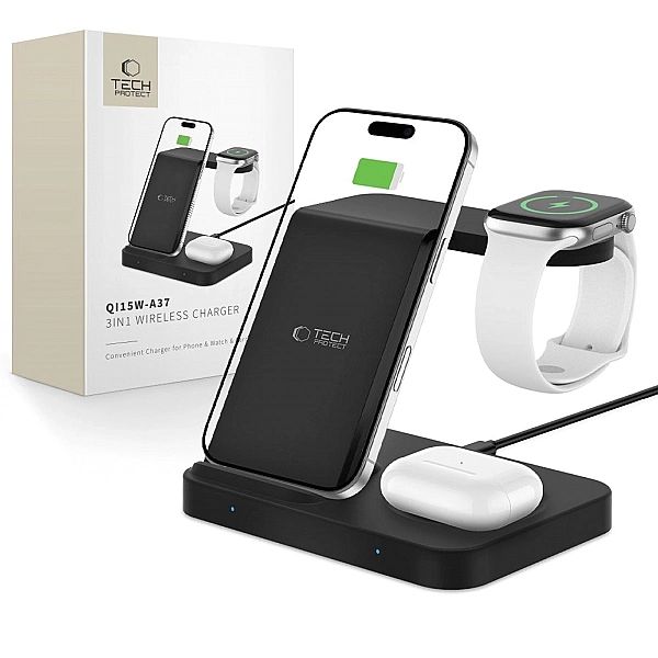 Tech-Protect Qi15W-A37/3In1 Wireless Charger For Android & Apple Black