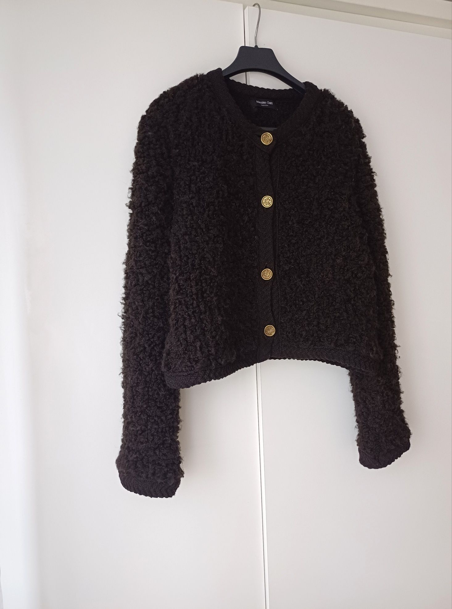 Massimo Dutti kardigan wełna alpaka brązowy sweter boucle złote guziki