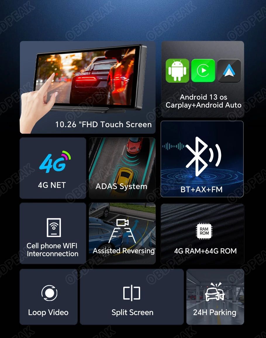 OBDPEAK K50 LTE авто екран, Відеореєстратор, 4/64ГБ Android 13