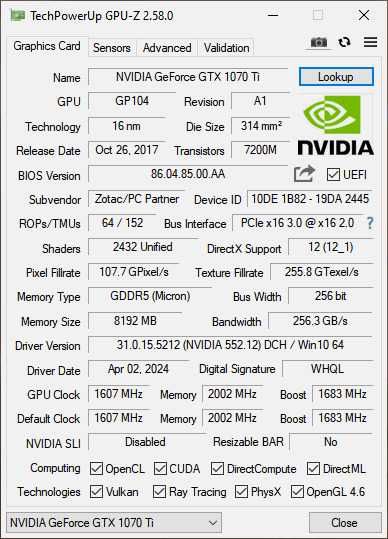 Zotac GeForce GTX 1070 Ti MINI 8GB GDDR5