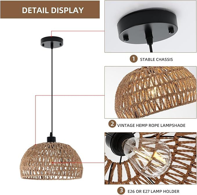 Lampa wisząca JIINOO z rattanu, vintage, regulowana, styl boho