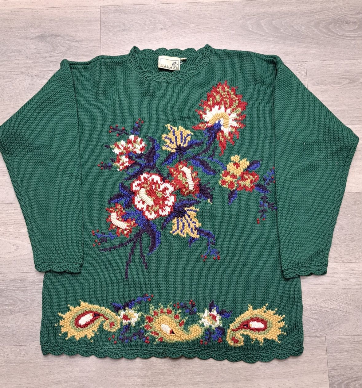 Wełniany sweter Vintage zielony L w kwiaty wełniany wełna piękny brzyd