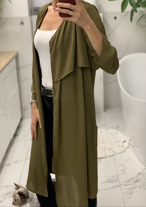 Narzutka lekki plaszcz tunika khaki oliwkowa na jesien do pracy 36
