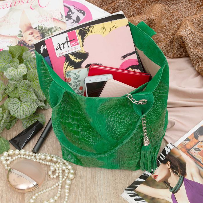 VERA PELLE torebka damska zamszowa shopper kroko na ramię V141 zielona