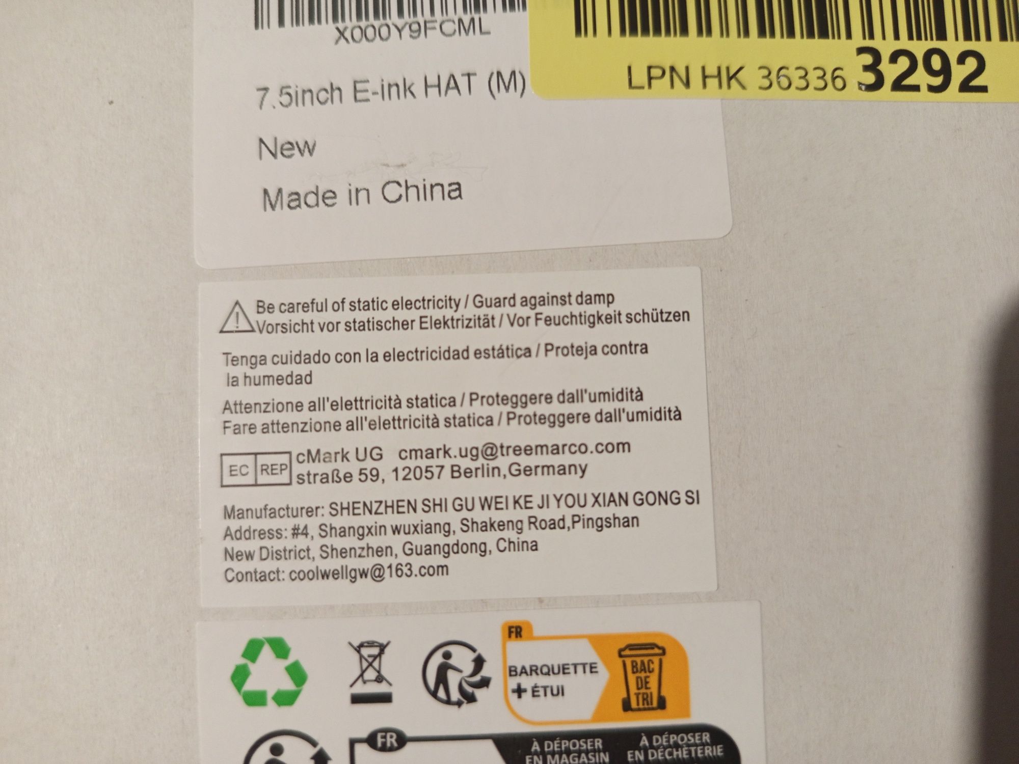 wyświetlacz E-Ink 7.5" HAT – do Raspberry Pi, Arduino
