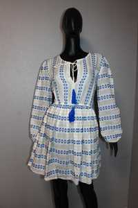 Стильное платье туника вышиванка с кисточками,объемный рукав paprika S