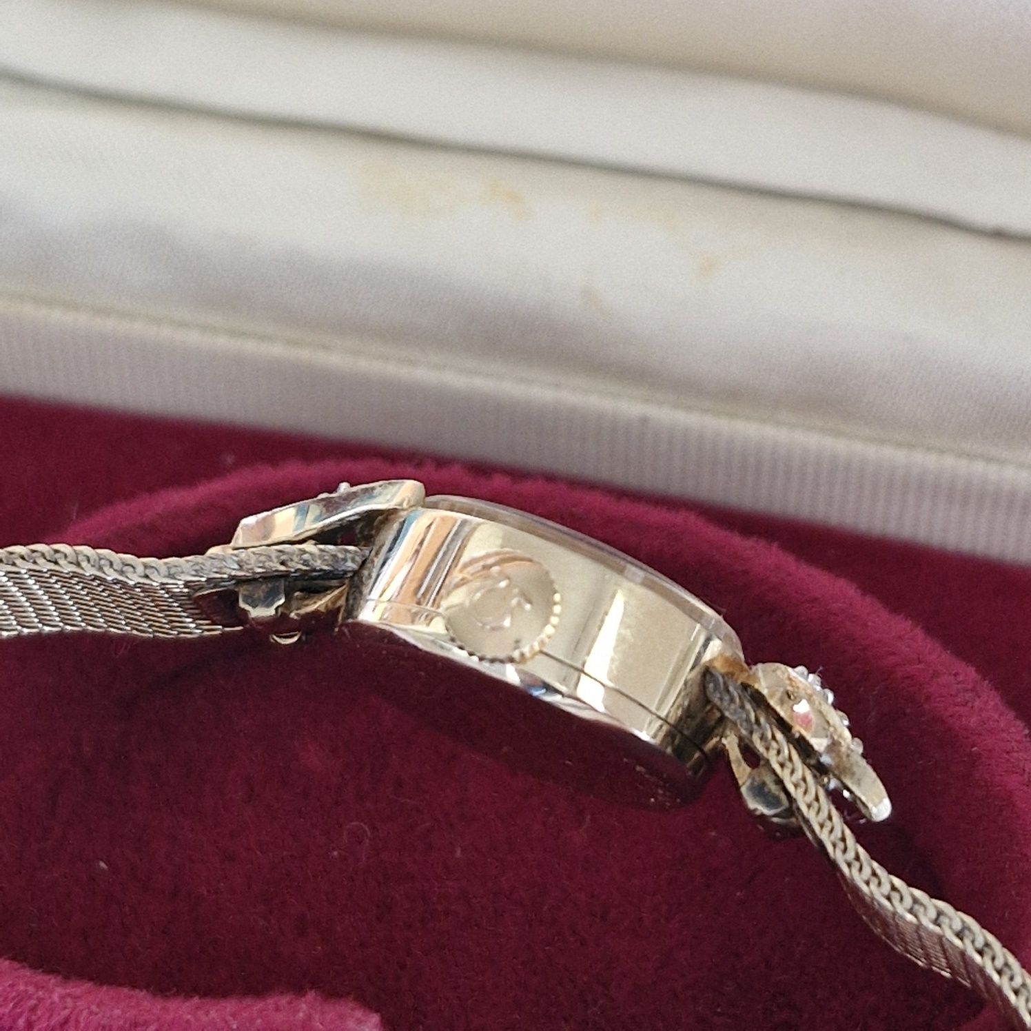Retro złoty 14k zegarek damski Omega diamenty bransoletka 18 cm