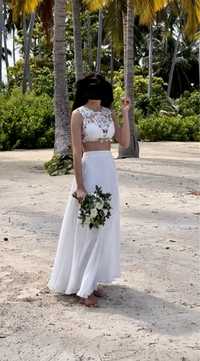 Suknia ślubna dwuczęściowa XS 34 Sukienka ecru kość słoniowa na plaże